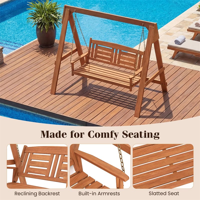 2-Seater Wood Porch Swing with Stand, Outdoor Swing Loveseat Chair w/ Adjustable Chains, Built-in Backrest & Armrests for Garden, Backyard, Poolside