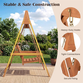 2-Seater Wood Porch Swing with Stand, Outdoor Swing Loveseat Chair w/ Adjustable Chains, Built-in Backrest & Armrests for Garden, Backyard, Poolside