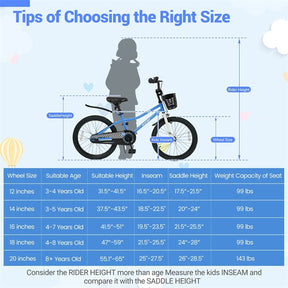 12-20 Inch Kids Bike with Removable Training Wheels, Basket & Bell for 3-8 Years Old Boys Girls, Adjustable Children Bicycle