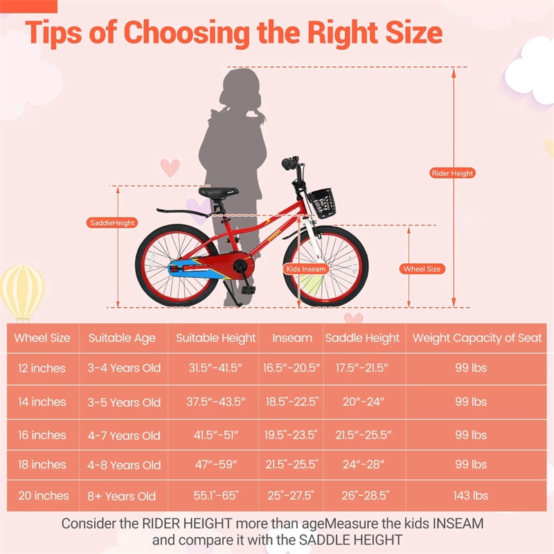 12-20 Inch Kids Bike with Removable Training Wheels, Basket & Bell for 3-8 Years Old Boys Girls, Adjustable Children Bicycle