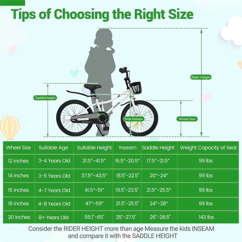 12-20 Inch Kids Bike with Removable Training Wheels, Basket & Bell for 3-8 Years Old Boys Girls, Adjustable Children Bicycle