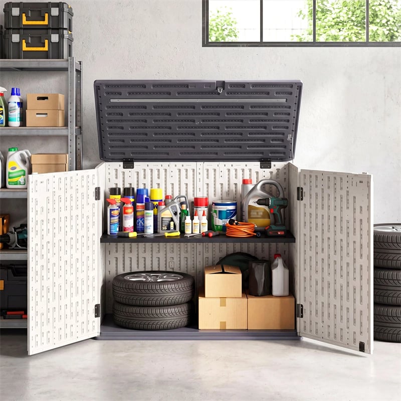 20 Cu.Ft Large Outdoor Storage Cabinet, Horizontal Resin Shed with Adjustable Shelf & Lockable Doors, Weatherproof Patio Storage Box