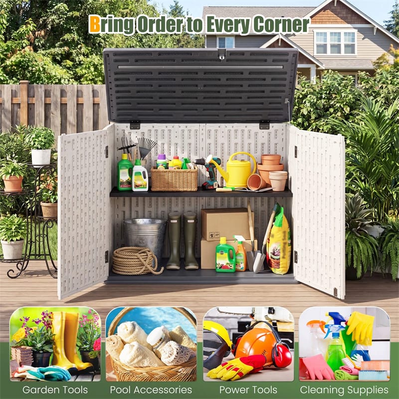 20 Cu.Ft Large Outdoor Storage Cabinet, Horizontal Resin Shed with Adjustable Shelf & Lockable Doors, Weatherproof Patio Storage Box