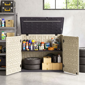 20 Cu.Ft Large Outdoor Storage Cabinet, Horizontal Resin Shed with Adjustable Shelf & Lockable Doors, Weatherproof Patio Storage Box