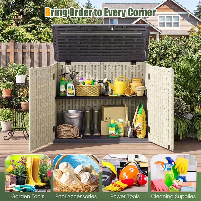 20 Cu.Ft Large Outdoor Storage Cabinet, Horizontal Resin Shed with Adjustable Shelf & Lockable Doors, Weatherproof Patio Storage Box