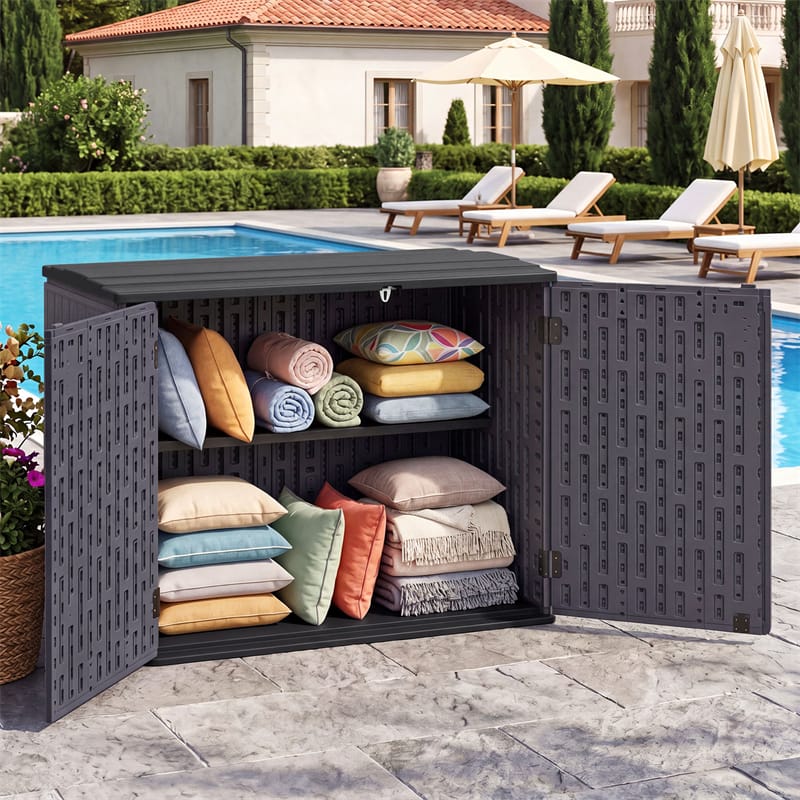20 Cu.Ft Large Outdoor Storage Cabinet, Horizontal Resin Shed with Adjustable Shelf & Lockable Doors, Weatherproof Patio Storage Box