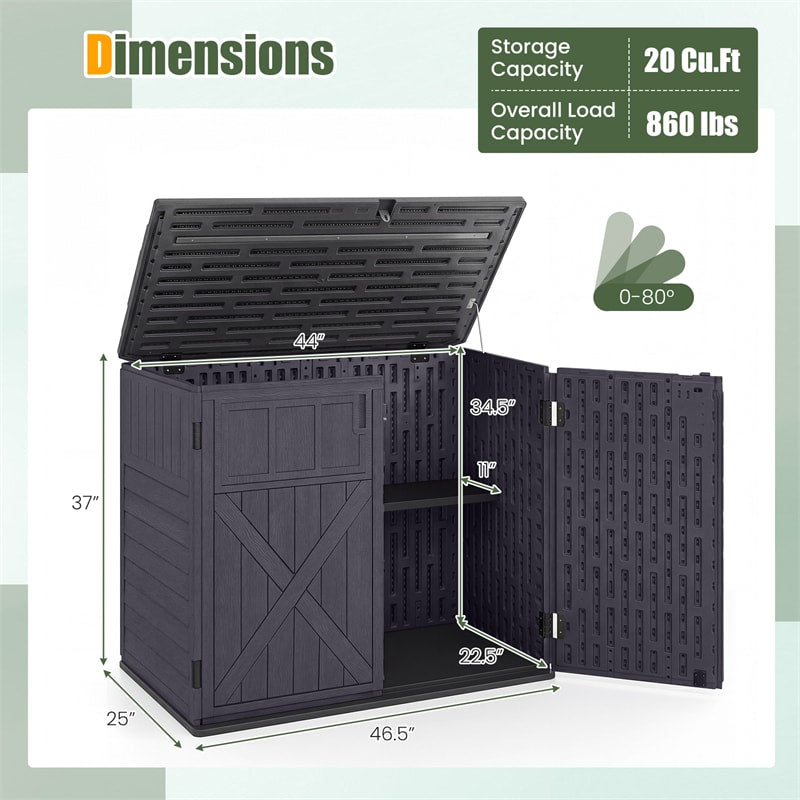 20 Cu.Ft Large Outdoor Storage Cabinet, Horizontal Resin Shed with Adjustable Shelf & Lockable Doors, Weatherproof Patio Storage Box