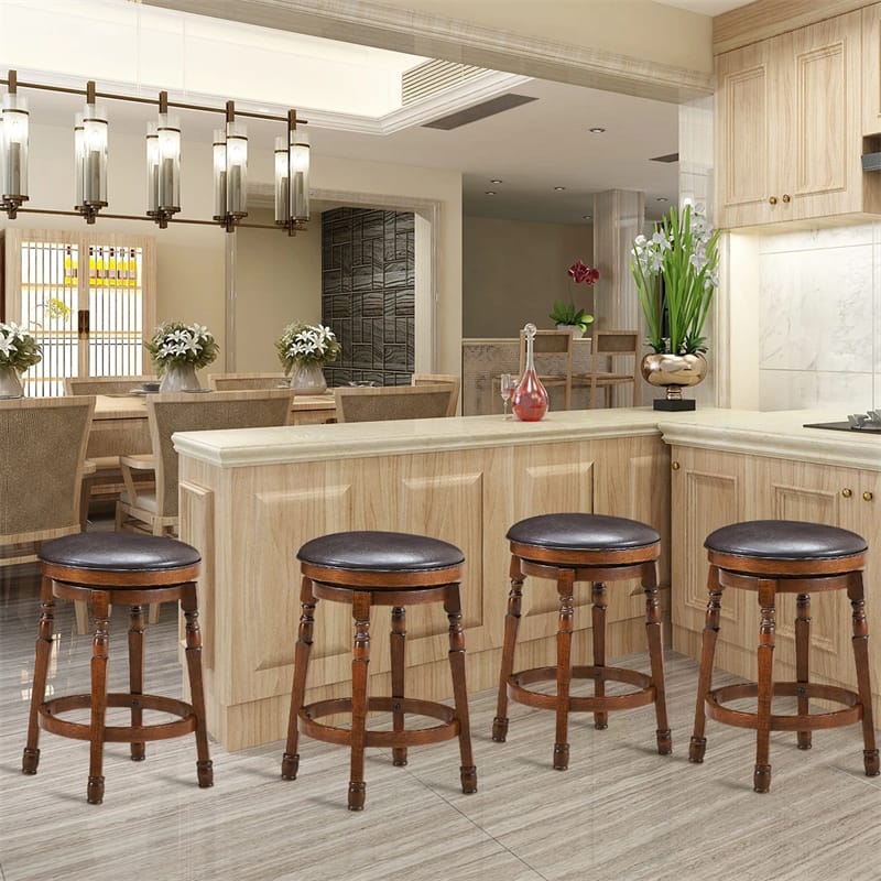 24" Backless Swivel Bar Stools Set of 2/4, Rubber Wood Counter Height Bar Chairs with Faux Leather Padded Seat for Kitchen Island, Pub, Cafe