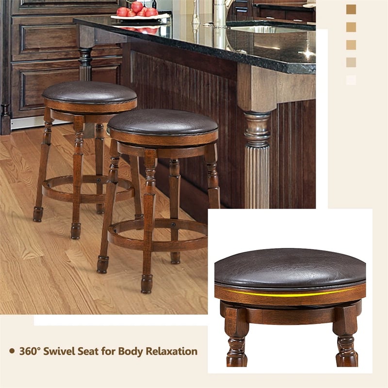 24" Backless Swivel Bar Stools Set of 2/4, Rubber Wood Counter Height Bar Chairs with Faux Leather Padded Seat for Kitchen Island, Pub, Cafe