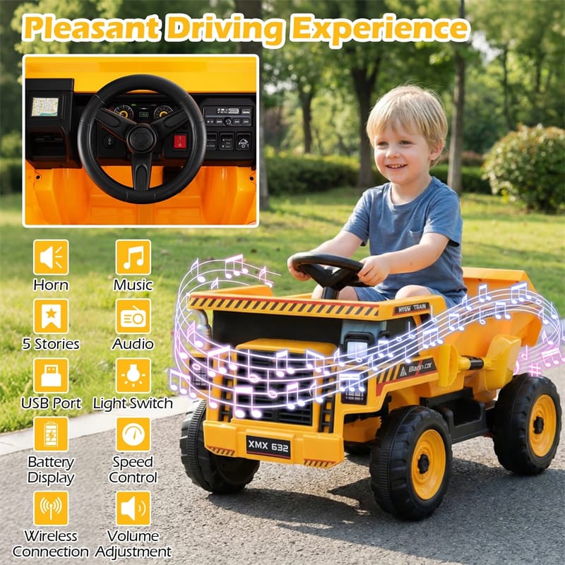 24V Kids Ride on Dump Truck, Electric Construction Vehicle with Dump Bed, Shovel & Remote Control, 4-Wheeler Battery Powered Toy Car for Boys Girls