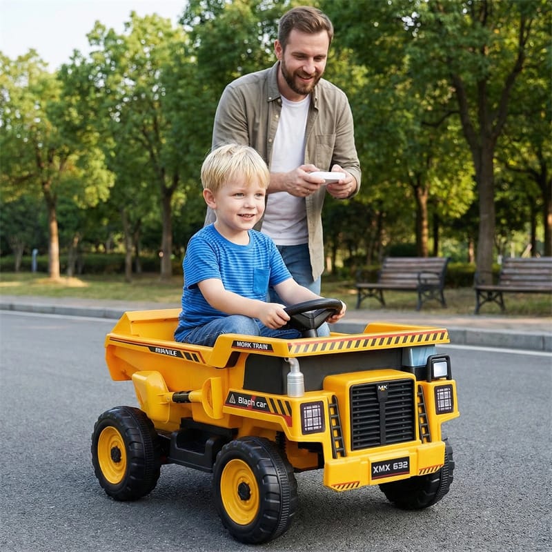 24V Kids Ride on Dump Truck, Electric Construction Vehicle with Dump Bed, Shovel & Remote Control, 4-Wheeler Battery Powered Toy Car for Boys Girls