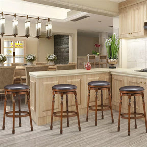 29" Backless Swivel Bar Stools, Round Rubber Wood Bar Height Stool with Faux Leather Padded Seat & Footrest for Kitchen Island, Pub Cafe