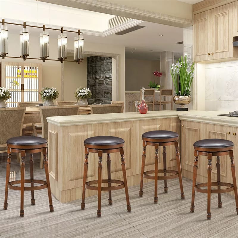 29" Backless Swivel Bar Stools, Round Rubber Wood Bar Height Stool with Faux Leather Padded Seat & Footrest for Kitchen Island, Pub Cafe
