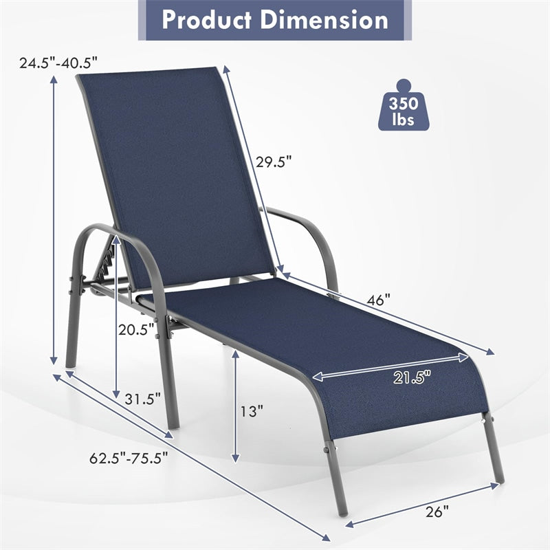 2 PCS Outdoor Chaise Lounges, 5-Position Adjustable Patio Reclining Chairs w/ Armrests, Heavy Duty Steel Sun Loungers for Pool, Yard, Beach
