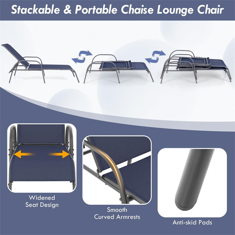 2 PCS Outdoor Chaise Lounges, 5-Position Adjustable Patio Reclining Chairs w/ Armrests, Heavy Duty Steel Sun Loungers for Pool, Yard, Beach