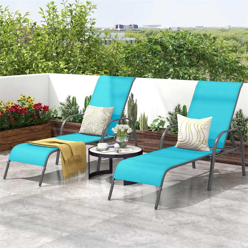 2 PCS Outdoor Chaise Lounges, 5-Position Adjustable Patio Reclining Chairs w/ Armrests, Heavy Duty Steel Sun Loungers for Pool, Yard, Beach
