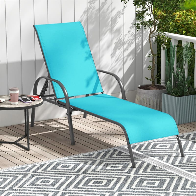 2 PCS Outdoor Chaise Lounges, 5-Position Adjustable Patio Reclining Chairs w/ Armrests, Heavy Duty Steel Sun Loungers for Pool, Yard, Beach