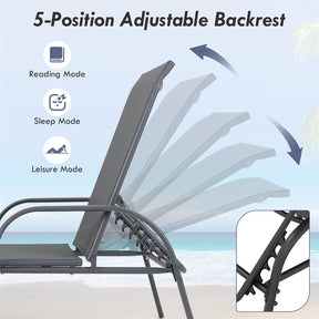 2 PCS Outdoor Chaise Lounges, 5-Position Adjustable Patio Reclining Chairs w/ Armrests, Heavy Duty Steel Sun Loungers for Pool, Yard, Beach
