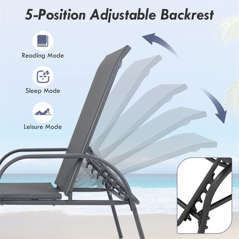 2 PCS Outdoor Chaise Lounges, 5-Position Adjustable Patio Reclining Chairs w/ Armrests, Heavy Duty Steel Sun Loungers for Pool, Yard, Beach