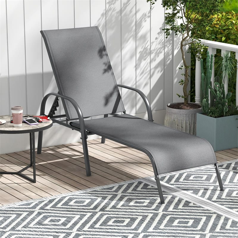 2 PCS Outdoor Chaise Lounges, 5-Position Adjustable Patio Reclining Chairs w/ Armrests, Heavy Duty Steel Sun Loungers for Pool, Yard, Beach