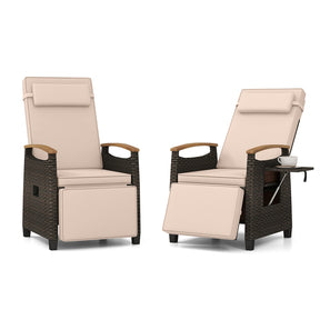 Patio Rattan Wicker Recliner Chair Push Back Reclining Lounge Chair w/Adjustable Backrest & Footrest, Flip Side Table, Cushion