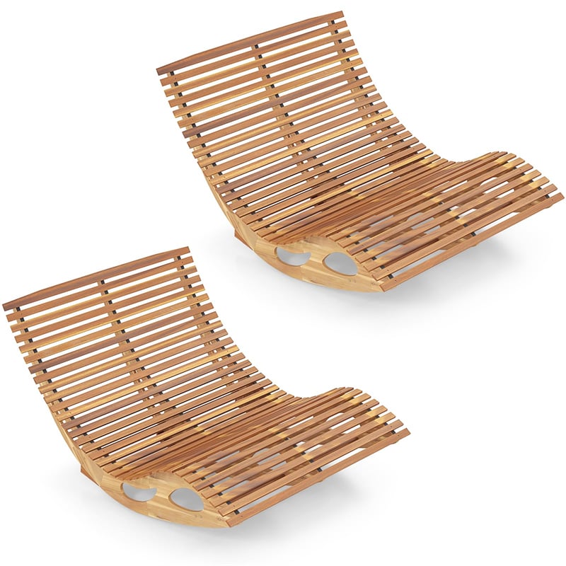 Outdoor Double Rocking Chaise Lounge Chair for 2, Acacia Wood Patio Sun Lounger with Slatted High Backrest & Seat, 440LBS Capacity for Poolside