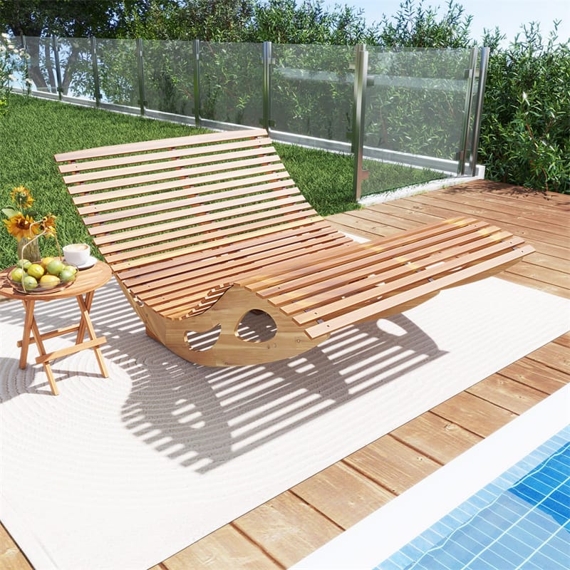 Outdoor Double Rocking Chaise Lounge Chair for 2, Acacia Wood Patio Sun Lounger with Slatted High Backrest & Seat, 440LBS Capacity for Poolside