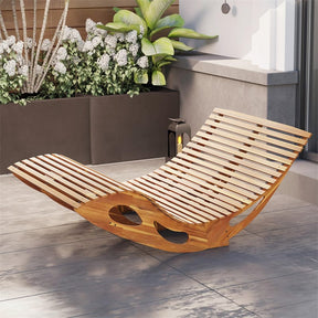 Outdoor Double Rocking Chaise Lounge Chair for 2, Acacia Wood Patio Sun Lounger with Slatted High Backrest & Seat, 440LBS Capacity for Poolside
