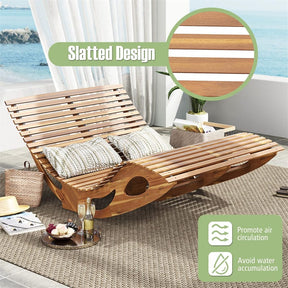 Outdoor Double Rocking Chaise Lounge Chair for 2, Acacia Wood Patio Sun Lounger with Slatted High Backrest & Seat, 440LBS Capacity for Poolside