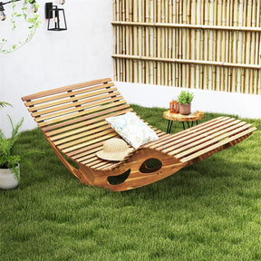 Outdoor Double Rocking Chaise Lounge Chair for 2, Acacia Wood Patio Sun Lounger with Slatted High Backrest & Seat, 440LBS Capacity for Poolside