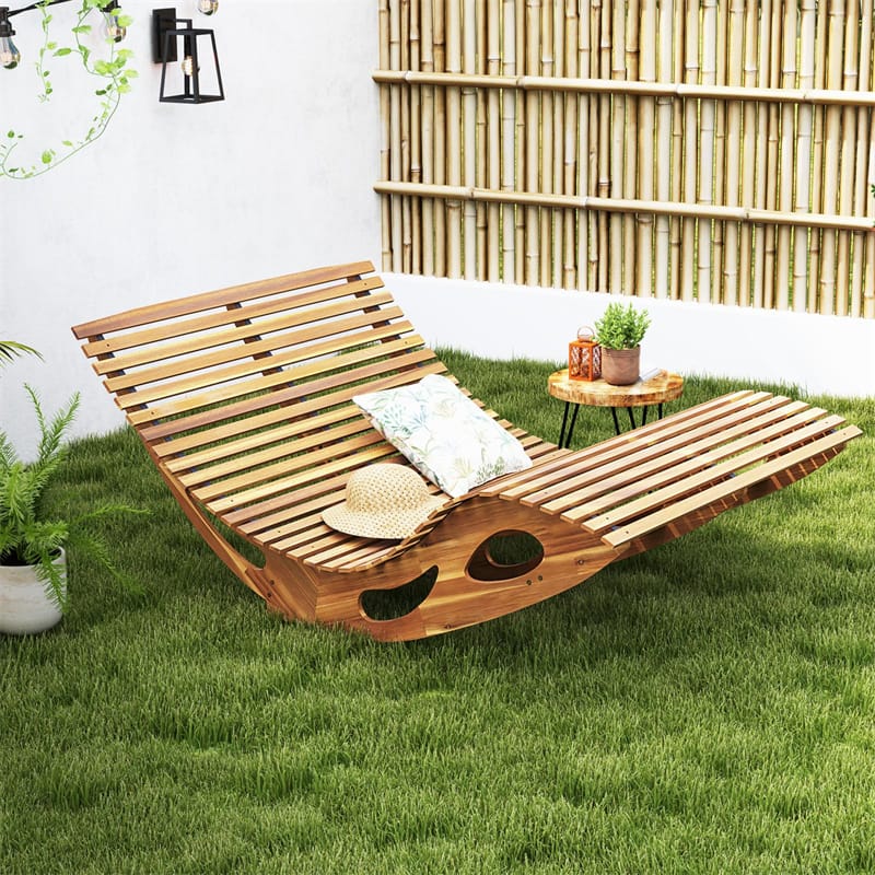 Outdoor Double Rocking Chaise Lounge Chair for 2, Acacia Wood Patio Sun Lounger with Slatted High Backrest & Seat, 440LBS Capacity for Poolside