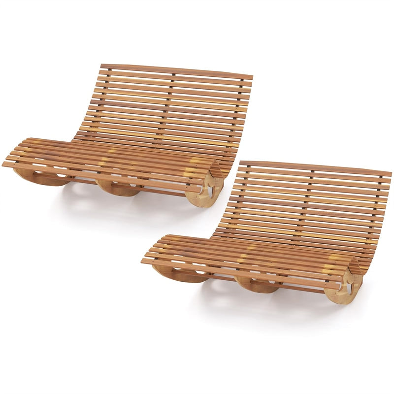Outdoor Double Rocking Chaise Lounge Chair for 2, Acacia Wood Patio Sun Lounger with Slatted High Backrest & Seat, 440LBS Capacity for Poolside