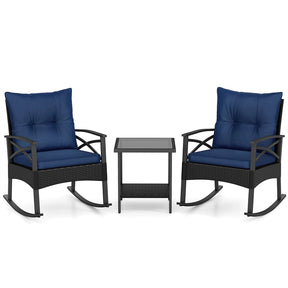 3 Piece Rattan Patio Rocking Bistro Set, Outdoor Wicker Rockers with Cushions & 2-Tier Tempered Glass Coffee Table for Porch, Balcony, Backyard