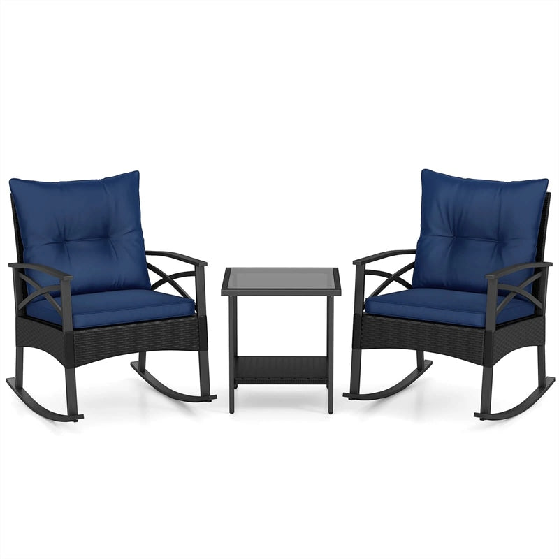3 Piece Rattan Patio Rocking Bistro Set, Outdoor Wicker Rockers with Cushions & 2-Tier Tempered Glass Coffee Table for Porch, Balcony, Backyard