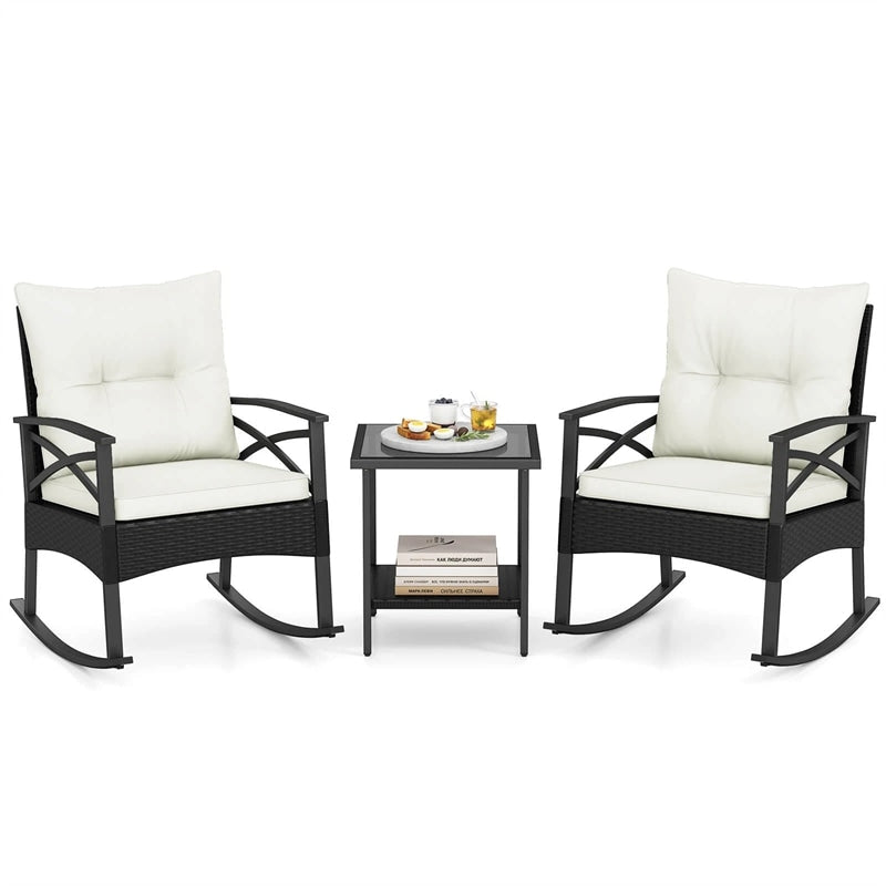 3 Piece Rattan Patio Rocking Bistro Set, Outdoor Wicker Rockers with Cushions & 2-Tier Tempered Glass Coffee Table for Porch, Balcony, Backyard