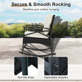 3 Piece Rattan Patio Rocking Bistro Set, Outdoor Wicker Rockers with Cushions & 2-Tier Tempered Glass Coffee Table for Porch, Balcony, Backyard