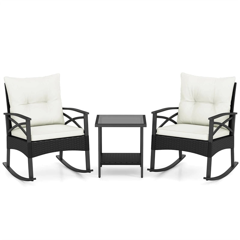 3 Piece Rattan Patio Rocking Bistro Set, Outdoor Wicker Rockers with Cushions & 2-Tier Tempered Glass Coffee Table for Porch, Balcony, Backyard