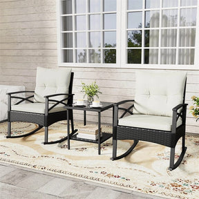 3 Piece Rattan Patio Rocking Bistro Set, Outdoor Wicker Rockers with Cushions & 2-Tier Tempered Glass Coffee Table for Porch, Balcony, Backyard