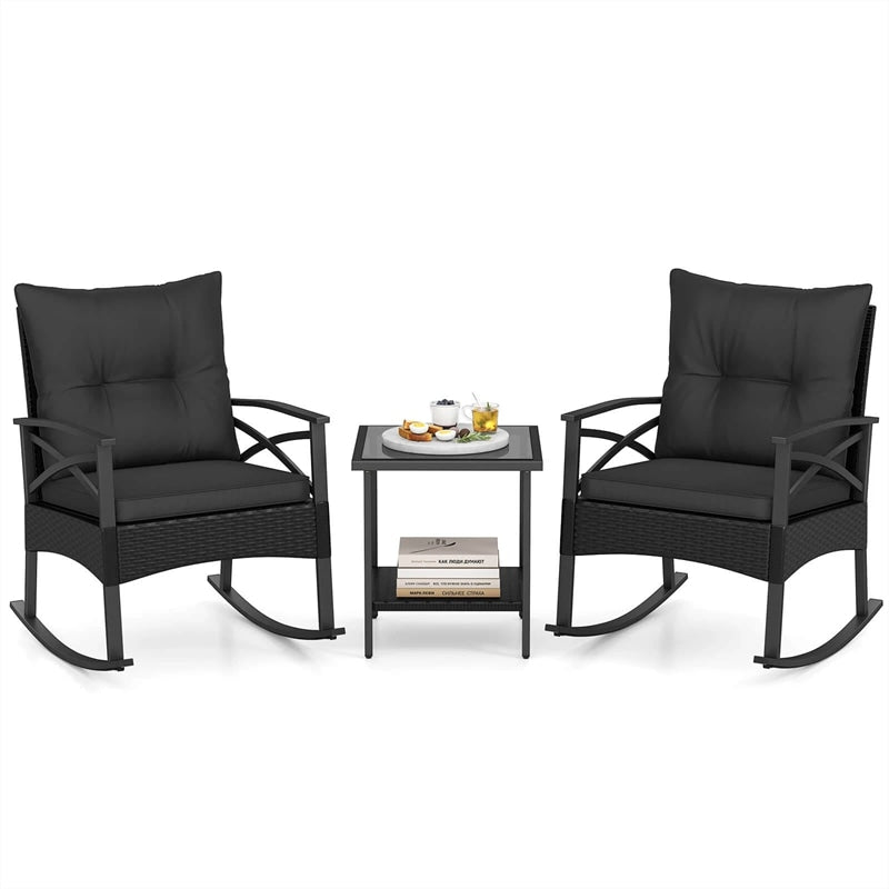 3 Piece Rattan Patio Rocking Bistro Set, Outdoor Wicker Rockers with Cushions & 2-Tier Tempered Glass Coffee Table for Porch, Balcony, Backyard
