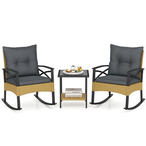 3 Piece Rattan Patio Rocking Bistro Set, Outdoor Wicker Rockers with Cushions & 2-Tier Tempered Glass Coffee Table for Porch, Balcony, Backyard