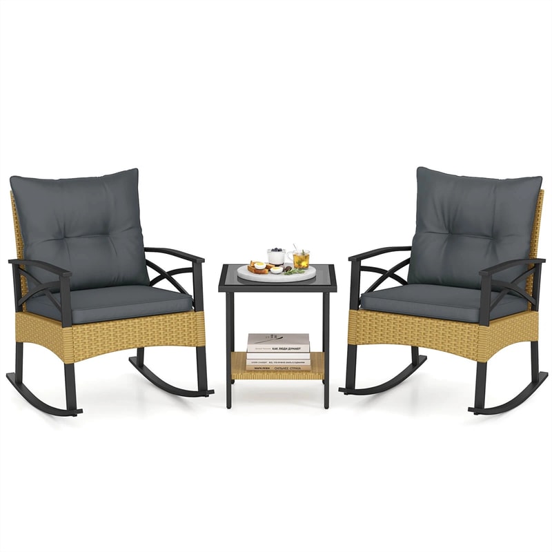 3 Piece Rattan Patio Rocking Bistro Set, Outdoor Wicker Rockers with Cushions & 2-Tier Tempered Glass Coffee Table for Porch, Balcony, Backyard