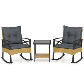 3 Piece Rattan Patio Rocking Bistro Set, Outdoor Wicker Rockers with Cushions & 2-Tier Tempered Glass Coffee Table for Porch, Balcony, Backyard