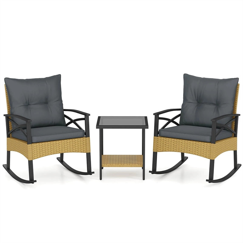 3 Piece Rattan Patio Rocking Bistro Set, Outdoor Wicker Rockers with Cushions & 2-Tier Tempered Glass Coffee Table for Porch, Balcony, Backyard