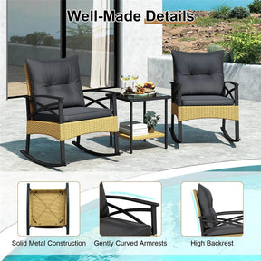 3 Piece Rattan Patio Rocking Bistro Set, Outdoor Wicker Rockers with Cushions & 2-Tier Tempered Glass Coffee Table for Porch, Balcony, Backyard