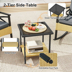 3 Piece Rattan Patio Rocking Bistro Set, Outdoor Wicker Rockers with Cushions & 2-Tier Tempered Glass Coffee Table for Porch, Balcony, Backyard