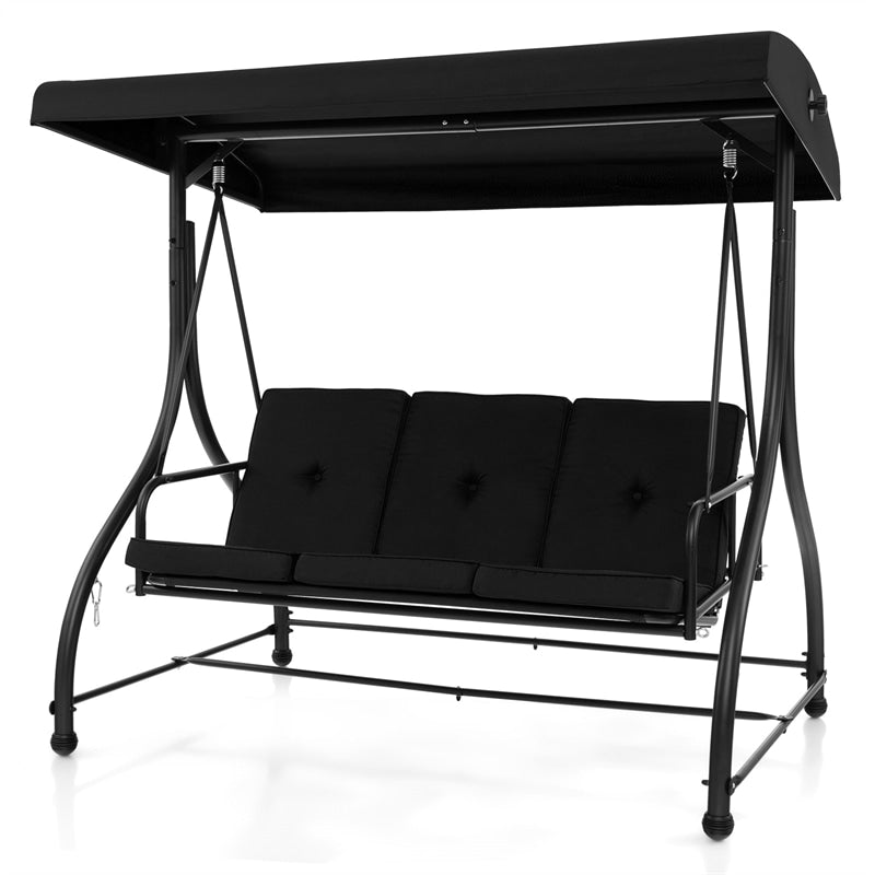 3-Person Porch Swing with Adjustable Canopy, Removable Cushions & Steel Frame, 2-in-1 Convertible Patio Swing Bed for Backyard, Poolside