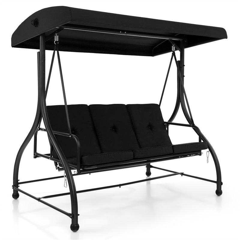 3-Person Porch Swing with Adjustable Canopy, Removable Cushions & Steel Frame, 2-in-1 Convertible Patio Swing Bed for Backyard, Poolside