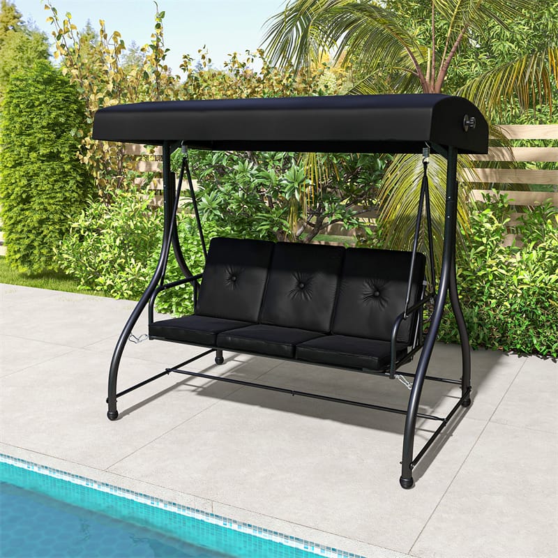 3-Person Porch Swing with Adjustable Canopy, Removable Cushions & Steel Frame, 2-in-1 Convertible Patio Swing Bed for Backyard, Poolside
