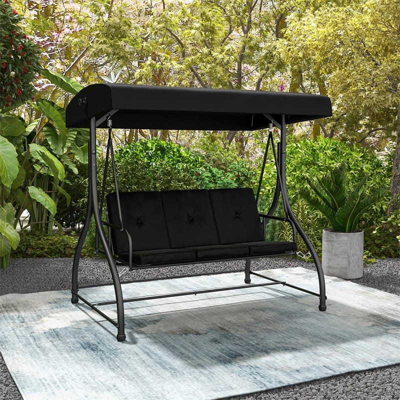 3-Person Porch Swing with Adjustable Canopy, Removable Cushions & Steel Frame, 2-in-1 Convertible Patio Swing Bed for Backyard, Poolside
