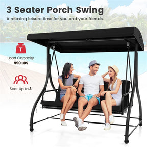 3-Person Porch Swing with Adjustable Canopy, Removable Cushions & Steel Frame, 2-in-1 Convertible Patio Swing Bed for Backyard, Poolside